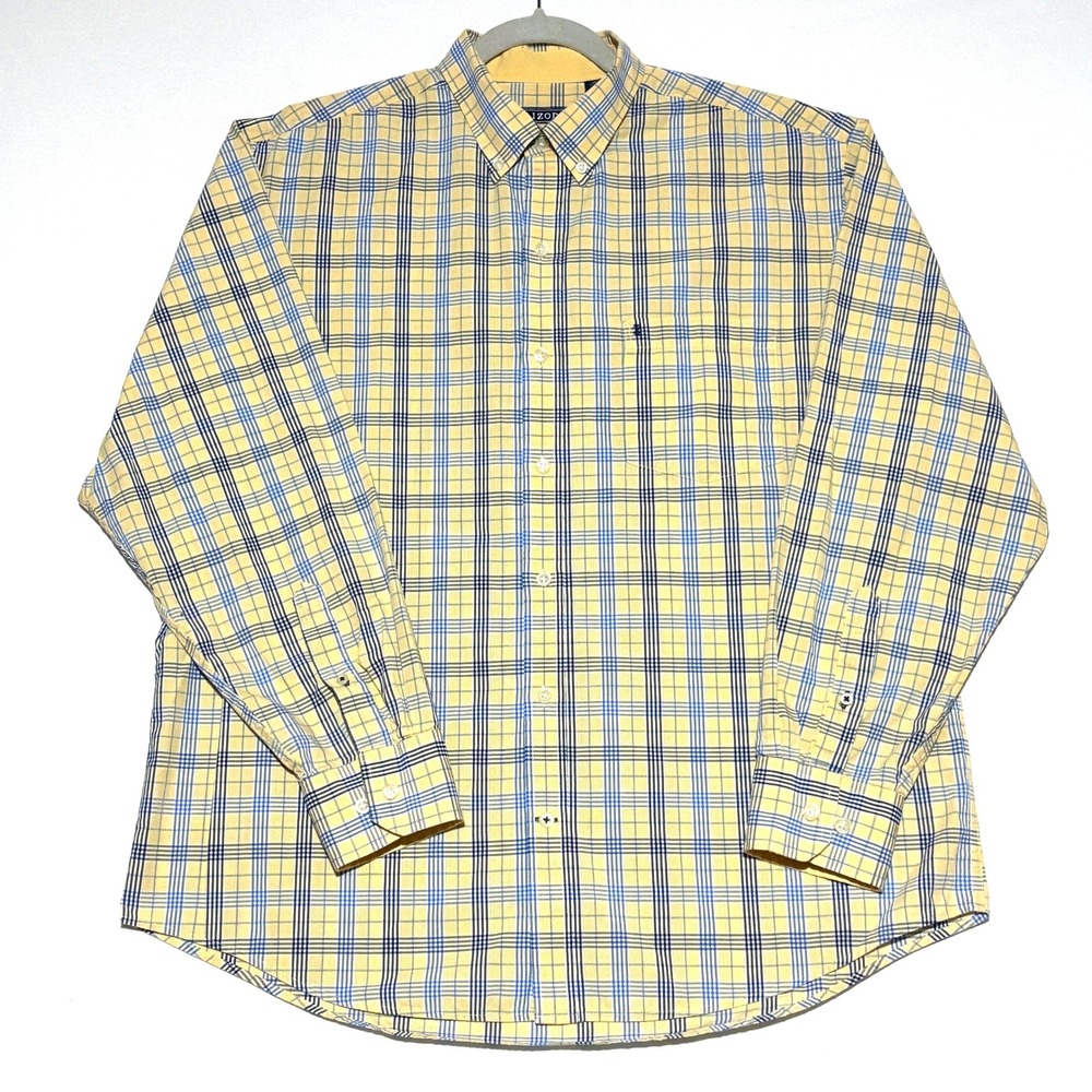 IZOD Premium Essentials Mens Long Sleeve Button Down Plaid‎ Shirt Yellow Blue L